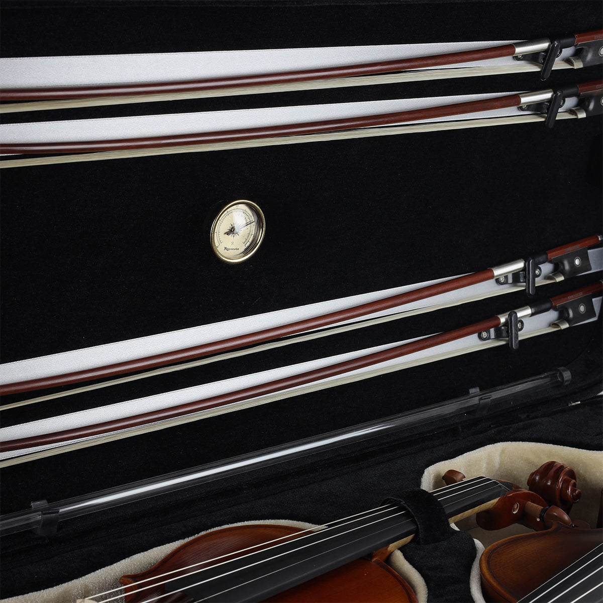 Double Case for Violin/Viola - Kreisler Black Exterior/Black and Beige Interior Hygrometer 4 Bow Spinners