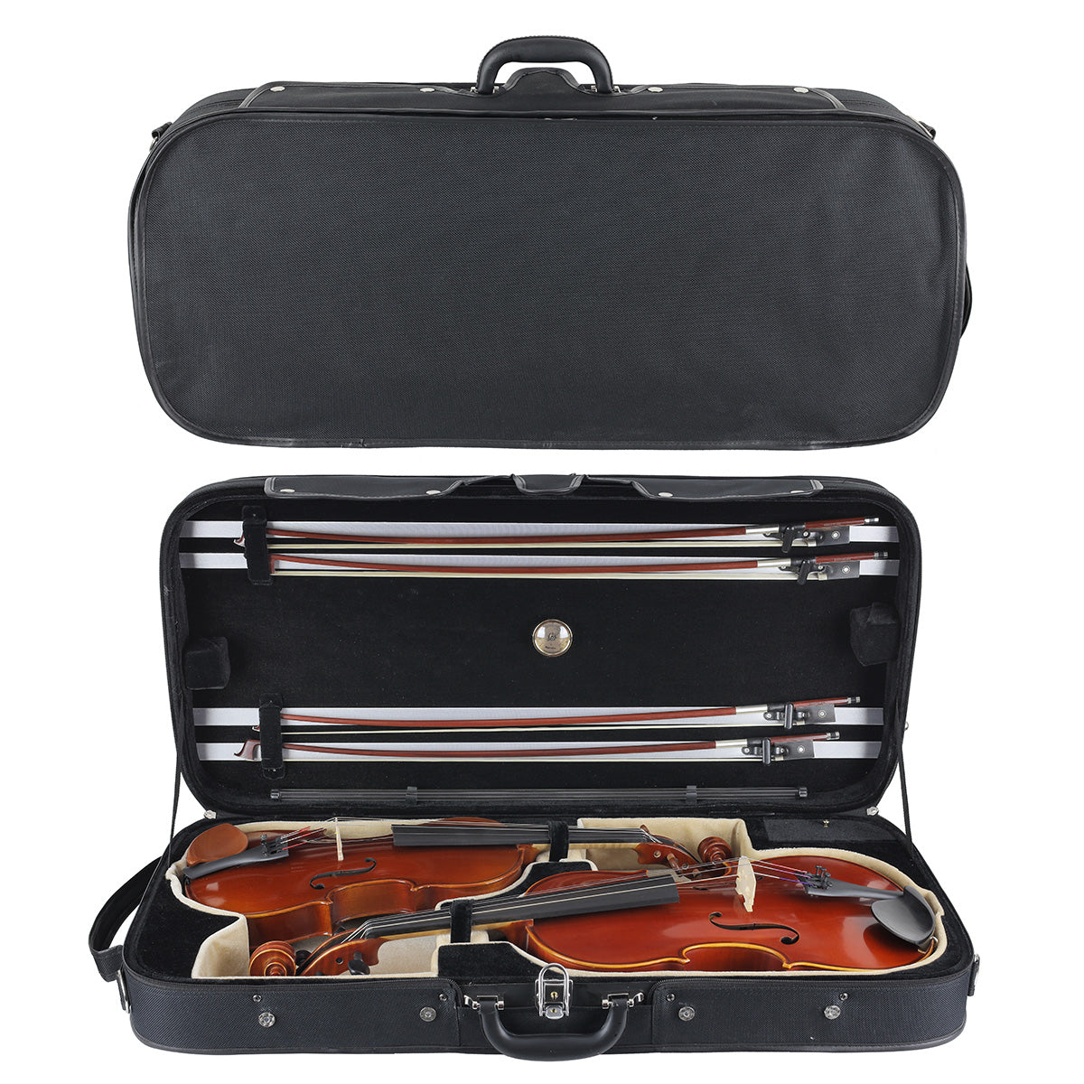 Double Case for Violin/Viola - Kreisler Black Exterior/Black and Beige Interior Hygrometer 4 Bow Spinners