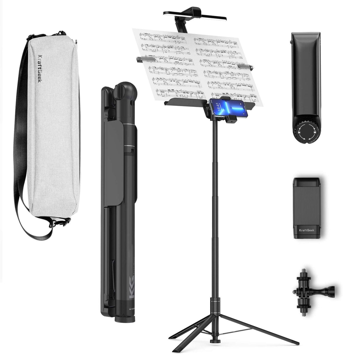 Music Stand - KraftGeek Bravo Music Stand with Bag, Light, and Phone/Tablet Mount, Black