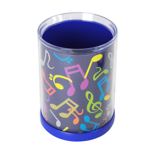 PEN HOLDER ROUND BLUE WITH COLOURFUL NOTES & CLEFS.