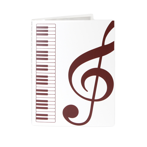 Display Folder 40 pages white with brown keyboard, treble & bass clef & piano keys.