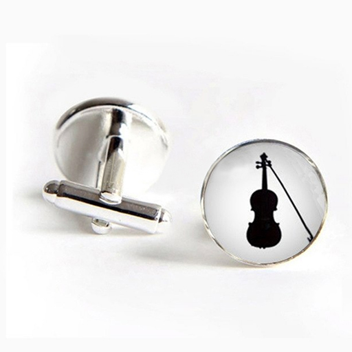 Cufflinks - round with glass dome. White with a black drawing of a violin & bow. Black base.
