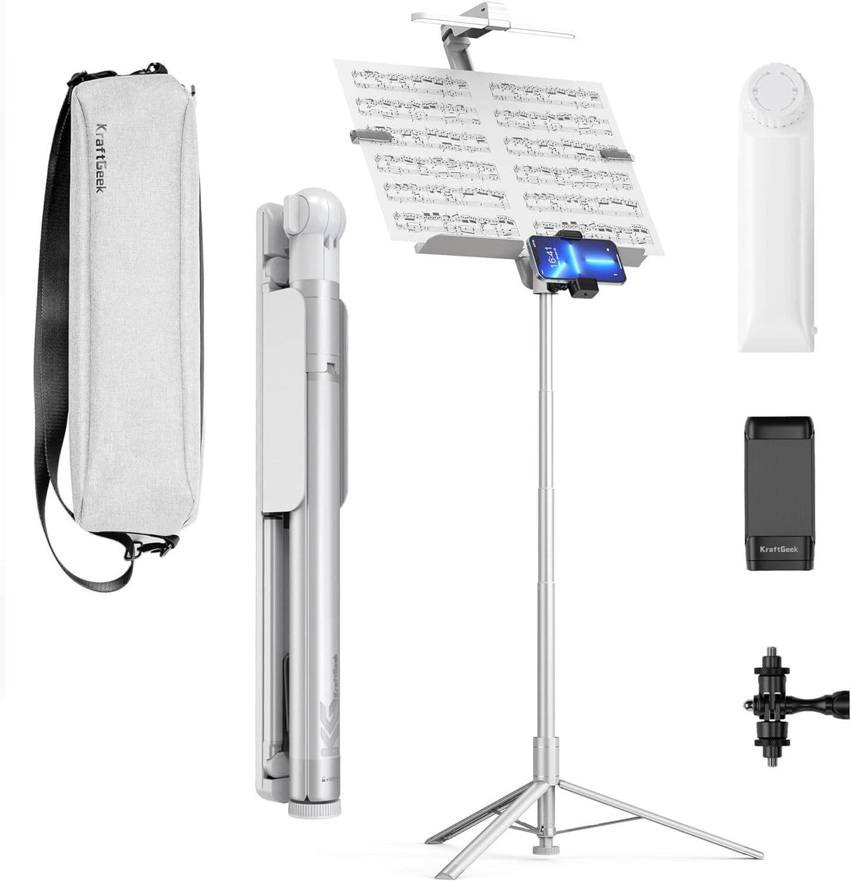 Music Stand - KraftGeek Bravo Music Stand with Bag, Light, and Phone/Tablet Mount, White