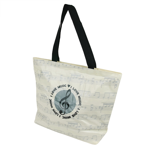Bag - creme with grey manuscript. A grey circle in the middle with a black treble clef & I love music written on the front.  42 X33 cm.
