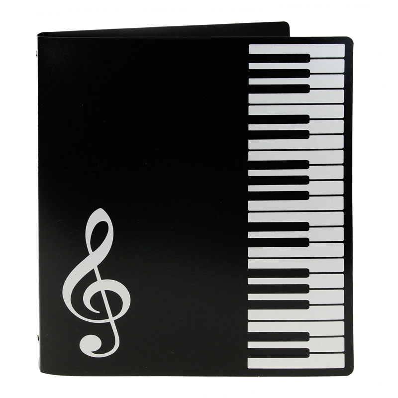 Folder - Ring Binder - 3 Rings - Black folder with a piano keyboard down the right hand side and a treble clef in the bottom left corner.