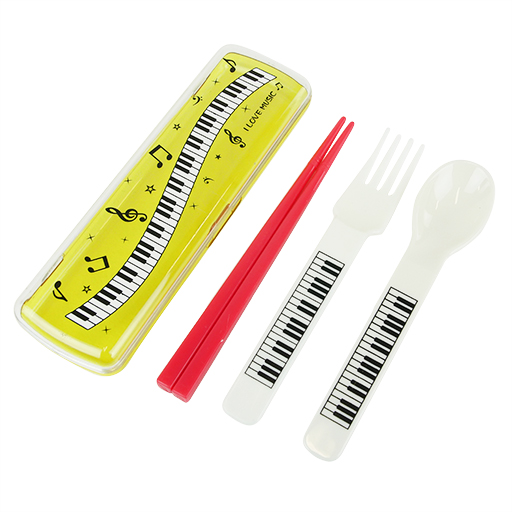 Children's Cutlery Set - White Spoon & Fork & red chopsticks in Yellow Container.