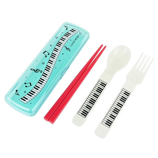 Children's Cutlery Set - White Spoon & Fork & red chopsticks in Blue Container.