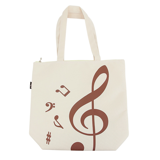 Music Tote Bag - creme with brown treble clef & notes.