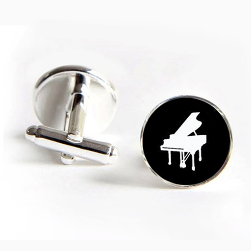 Cufflinks glass dome black with a white grand piano. Black base.