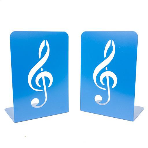 Bookends - a pair of book stands, blue with a treble clef cut out. 19X13.5X11.
