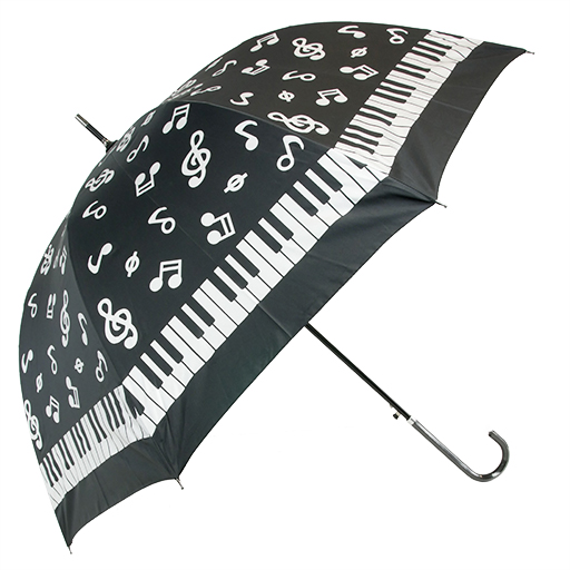 Umbrella - black with silver notes & clefs & a keyboard border. Slim black handle.
