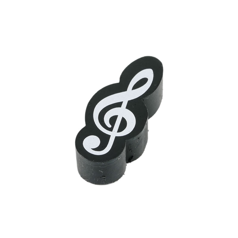Eraser - black eraser with a white treble clef on it.